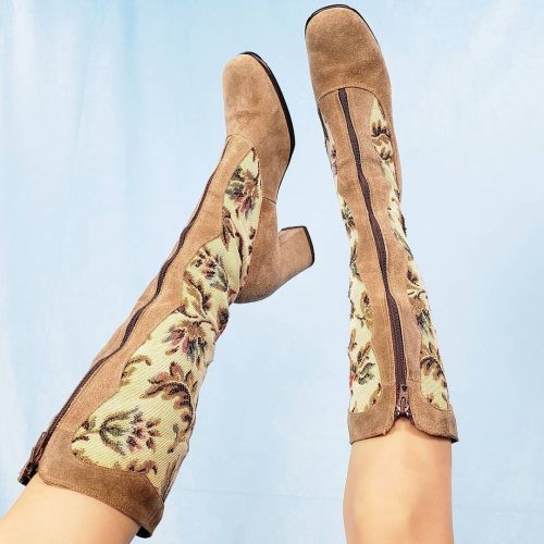 Absolutely INSANE True vintage 70s boots! tan suede boots with floral tapestry shaft and thick low h