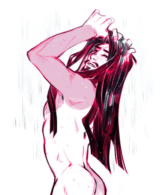 hanzopanzo: nsfw doodlies from twitter~ gratuitous bathing, long-haired hanzo from