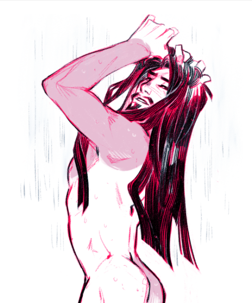 hanzopanzo: nsfw doodlies from twitter~ gratuitous bathing, long-haired hanzo from my demon bros au and jesse from my deadlock king au…