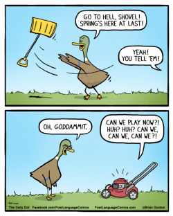 fowllanguagecomics:Mow bonus panel, mow problems.