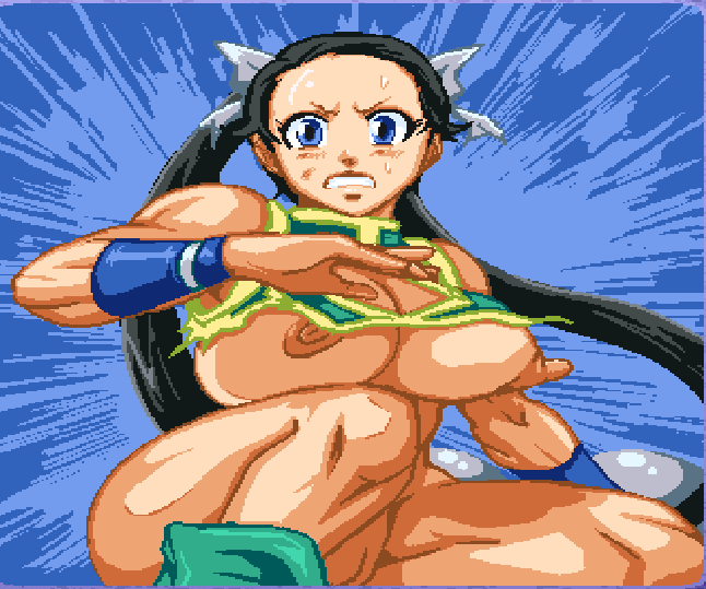 Almost defeated oppai asian girl fighter whose outfit has been ripped so much that
