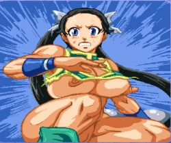 Almost defeated oppai asian girl fighter whose outfit has been