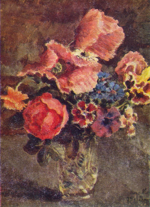 Poppies, roses, cornflowers and other flowers in a glass vase, 1939, Ilya MashkovMedium: oil,canvas