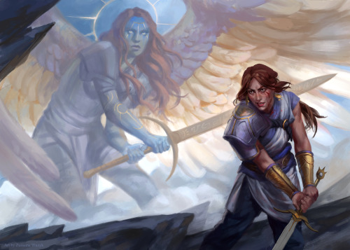 zuzartii:I’m back to painting fantasy ladies!! Here’s a paladin and her Very Big angel friend