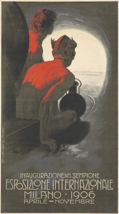 rare-posters: Esposizione Internazionale Milano. 1906. Leopoldo Metlicovitz.  19 ½ x 35 ½ in./49.6 x 90.2 cm This was the winning entry in the contest to celebrate the opening of the Simplon Alpine tunnel in 1906, which first provided a direct link