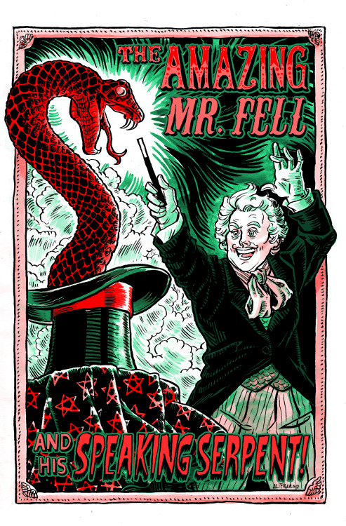 fledglingdoodles:For @wiggleonzine I collaborated with the @theoldaquarian​ with some illustration for their fic ‘The Magician’s Assistant’! I had such a great time drawing silly snakes and vintage posters!And since ya’ll seem to like process