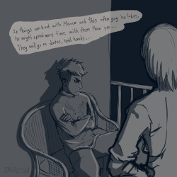 commitittomemory:          The front porch scene form the AWESOME fanfiction ” Like a Drum : His Beating Heart” By Lownly . Jean’s POV, Ch 6.  http://archiveofourown.org/series/58450 hope it’s okay ^^  