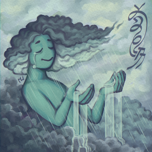 a late Doctober day 9: Teɾasei itaviɾu [ID: A digital painting of an aqua blue figure reclining on a