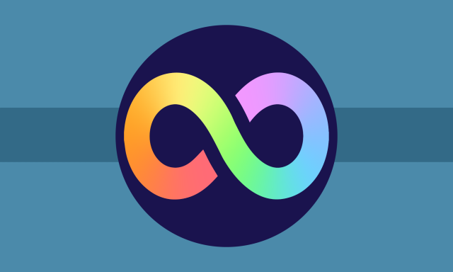 A pastel cyan flag with a symbol in the middle. A large navy blue circle is in the middle, inside there is a pastel rainbow infinity symbol. The flag is made up of three horizontal bands, the middle one being much smaller. The colors are, in order, pastel cyan, cyan, pastel cyan.
