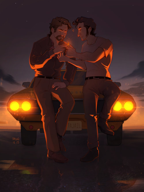 Vincent and Leo sitting on the hood of a car with headlights on. It's still night and some stars are still visible, but the sky is already getting brighter and more orangey near the horizon line. The asphalt looks wet as if it has just rained.
Leo is leaning towards Vincent to light his cigarette. The orange glow from the zippo lights both their faces, while the headlights create a rim light on both of their silhouettes.