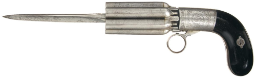 Unique pepperbox revolver with bayonet.  Produced by Giles Marriette of Liege, Belgium.  M