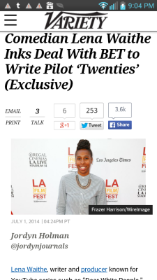 thoughtsofablackgirl:  Lena Waithe, comedian, writer and producer of the Sundance award-winning movie “Dear White People”  inks a deal with BET to produce a pilot based on her YouTube pilot presentation, “Twenties,” according to Variety. Twenties,