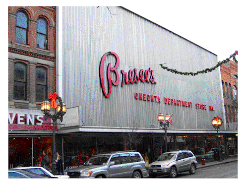 route22ny:  Bresee’s Oneonta Department Store was once the place to shop in “The City of the Hills” as Oneonta, New York is known.  But its days were numbered once shopping centers were built and chain stores (yes, Wal-Mart) moved into the area,