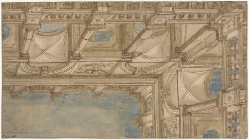 Bramantino (Italian; ca. 1460–1530)Corner of a Cortille with Loggia Drawing in brown pen, brush in b