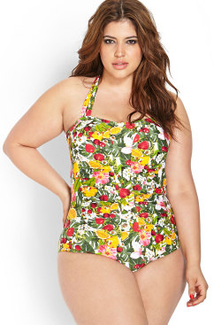 curveappeal:  Denise Bidot for Forever 21  42 inch bust, 34 inch waist, 47 inch hips Forbidden Fruit One-Piece and Fruit Frenzy Bikini Set at Forever 21 (in partnership with Shopstyle)