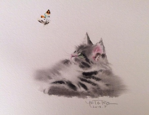 myfairynuffstuff:Yutaka Murakami (b.1936) - Cat and Butterfly. 2016. Watercolour.