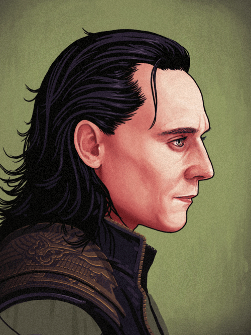 sirmitchell:I was asked by Mondo/Marvel to do a portrait of Tom Hiddleston’s Loki in preparation of 