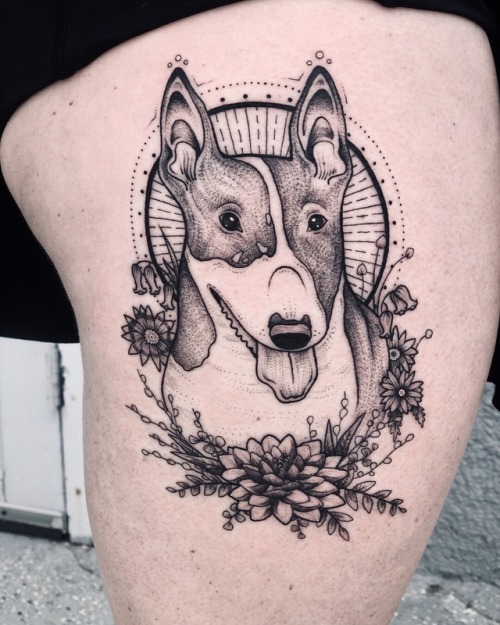 A tattoo of April, the bull terrier, for Erin. Some people thought the tattoo drawing was of Django 