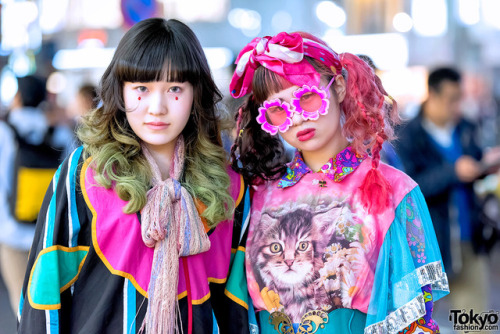 Fuki and Haruka - both 19 year old Japanese fashion students - wearing colorful vintage, handmade, r