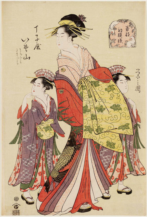  Isoyama of the Chôjiya, kamuro Kichiji and Takiji, from the series New Year Designs as Fresh as You