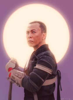 euclase:  The Force is with Me, drawn in PS.[Caption: A realistic digital painting of Chirrut Imwe from Rogue One. Portrait is from the waist up. Chirrut is wearing a dark sci-fi stylized suede tunic with leather straps and a molded sci-fi-armor gauntlet