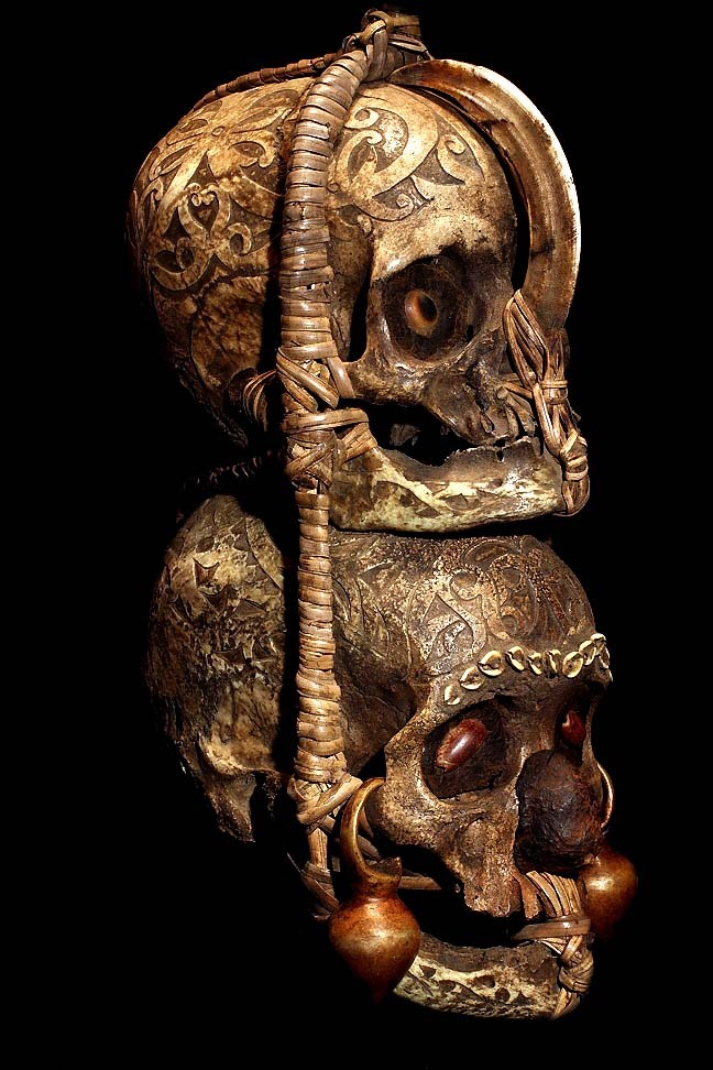 DAYAK  TRIBE: HUMAN HEADHUNTING TROPHY SKULLS #34TWO HAND CARVED HUMAN SKULLS, SHELL,