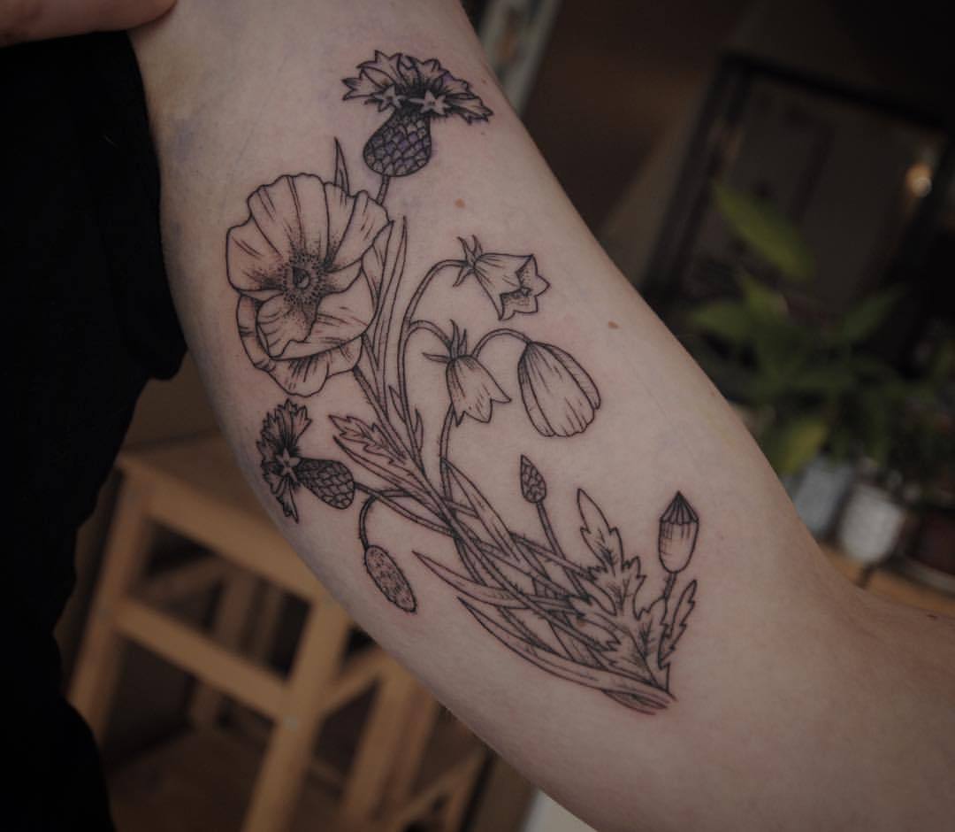 Korenbloem tattoo. Cornflower done by Tolik Gaidamovic. Love this!! :-) |  Flower tattoo, Flower tattoos, Flower tattoo designs