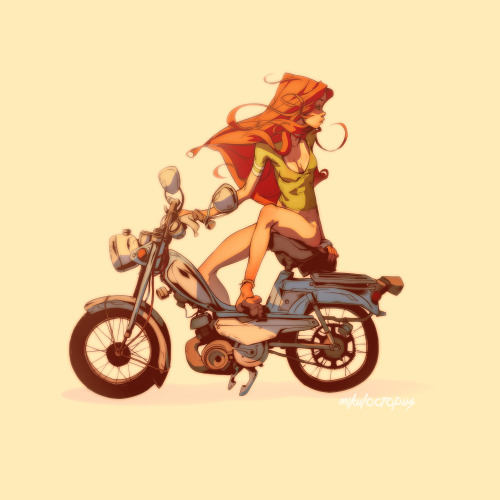 zrandomrawr:  mikuloctopus:  Need to get better at drawing things that are not people. So…a bike…with a people… PRINT AVAILABLE: http://society6.com/Mikuloctopus/Summer-Ride-B7m  the perpective is kinda off though