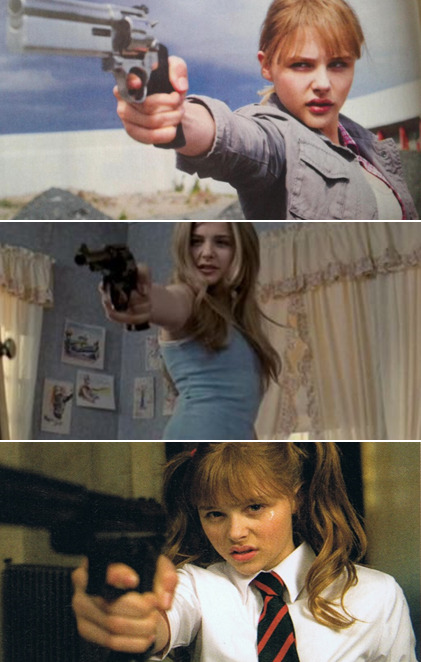 awkwaaaard:  Chloe Moretz with a gun