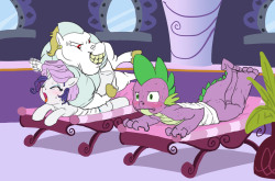 carniscorner:    After particularly stressful events/clients/weeks, Rarity likes to go for the extra strength hot stone deep tissue massage. Painful as it can be, it really helps her with those knots and leaves her wonderfully relaxed afterwards.Spike