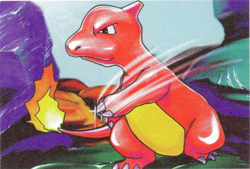 hirespokemon: 1996, Charmander, Charmeleon and Charizard art by Mitsuhiro Arita from the Pokémon Trading Card Game base set. Scanned and enhanced.    Download the Mitsuhiro Arita base set starters here.  