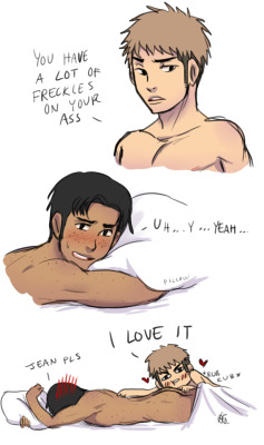 yaoi-dungeons:  lemonmermaid:Jeanmarco Week - Day 1: InsecuritySome pillow talk, and Jean is a dweeb.  why does the pillow look like an ass?