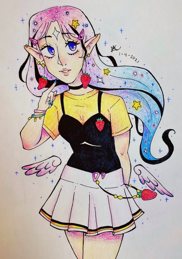 An elven girl with gradient galaxy hair, small wings, and strawberry jewelry. She holds a pinky up with a small smile and sparkles around her.