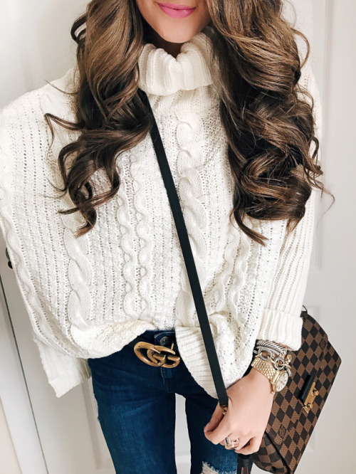 cable knit turtleneck (only $23) // Gucci belt, dupe here // Zara jeans, similar here // Michele wat
