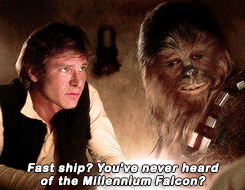 gifstarwars:  I’ve outrun Imperial starships. Not the local bulk cruisers, mind you, I’m talking about the big Corellian ships now. She’s fast enough for you, old man. 
