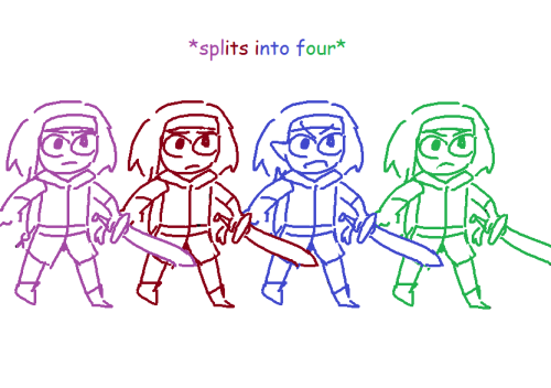 Seven pictures, each a panel for a Linked Universe comic drawn in MS Paint. First panel: Four, split into the colors, stand next to each other in a line, swords drawn, looking upset in varying degrees. There's text above them between asterisks that reads 'splits into four', colored purple, red, blue and green.