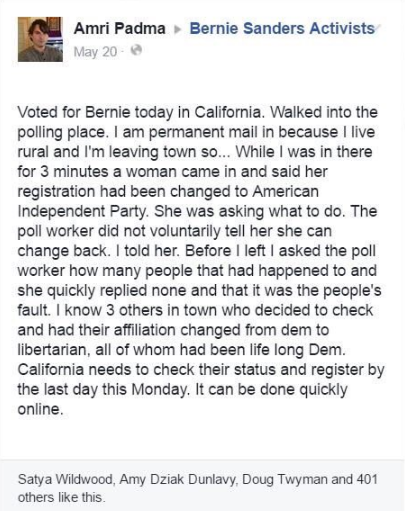 lagonegirl:4mysquad:!!!!!!!!!!!!!!!!!!!!!!!!!!!!!!!!!!ALERT!!!!!!!!!!!!!!!!!!!!!!!!!!!!!!!!!! if you are in California PLEASE check your status. Voters are getting switched! #FeelTheBern  OMG Share this! 
