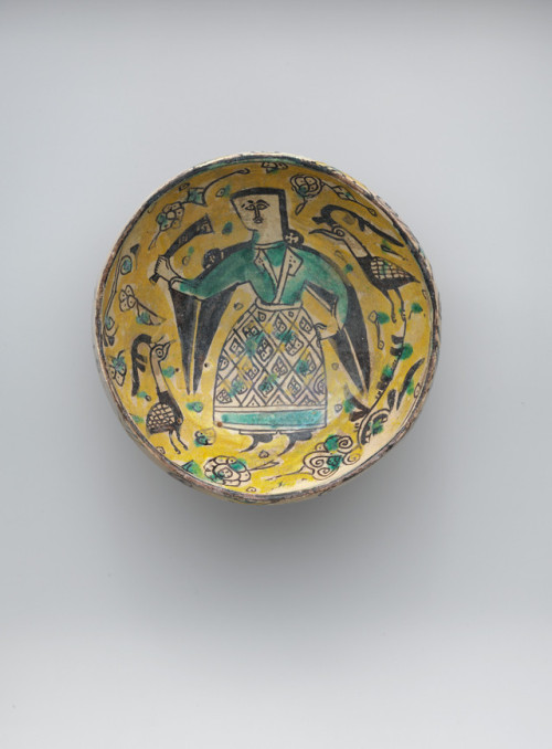 Two Bowls with Figures and a Footed Plate with Birds, Islamic ArtMedium: Earthenware; polychrome dec
