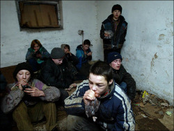 dimens1ons:St Petersburg Russia street children living underground huffing glue.