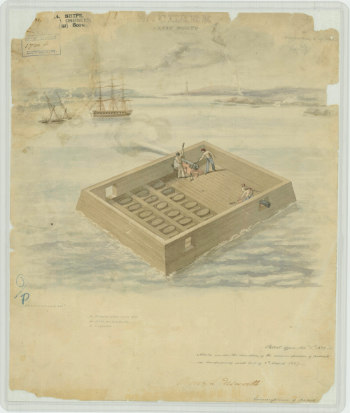 E. Clark&rsquo;s Patent Drawing for Buoy Forts, 4/2/1812Series: Restored Patent Drawings, 1837 -