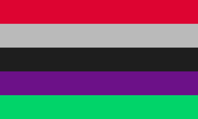 phyctoambiam(orous): an ambiamorous person who prefers monoamorous relationships with people in real life and polyamorous relationships with fictional charactersfor anon! the center stripe represents being ambiamorous, the second stripe is greyscale to represent monoamory, the fourth stripe is a combination of blue and red to represent polyamory, the top stripe is red to represent irl relationships (since red often represents life, the physical body, etc.) and the bottom stripe is the opposite, green, to represent fiction! the term combines ‘phy from ‘physical’, ‘cto’ from ‘fictional’, and ‘ambiam(orous)’!flag id: a flag with 5 stripes. in order, they are red, light grey, near-black, dark purple, and light green. end id.dni transcript here #phyctoambiam#phyctoambiamorous#ambiamorous#my flags#my terms#new flag#new term#mogai flag#mogai term#mogai