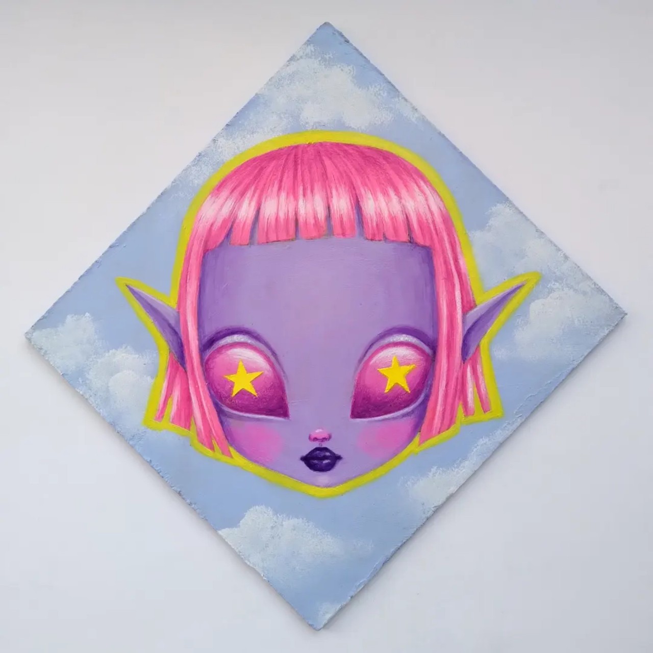 Alien Elf | Acrylic on HardboardEtsyInstagram #alien art#alien girl#alien#acrylic painting#acrylic art#cute art#cute creepy#cute elf#cute girl#cute#creepy art#creepy cute#artwork#pink#pink hair#purple#pastel colors#colorful art#colorful#big eyes#fantasy art#fantasy#small painting#small art #artists on tumblr #art#artistsoninstagram#women artists#artist#pop surrealism