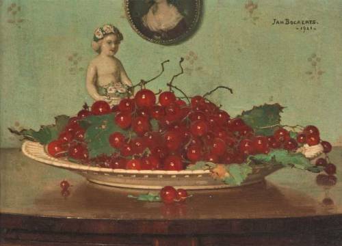 Red currants in a ceramic dish, with Putto   -   Jan Bogaerts, 1921Dutch,  1898-1962Oil on canvas, 2