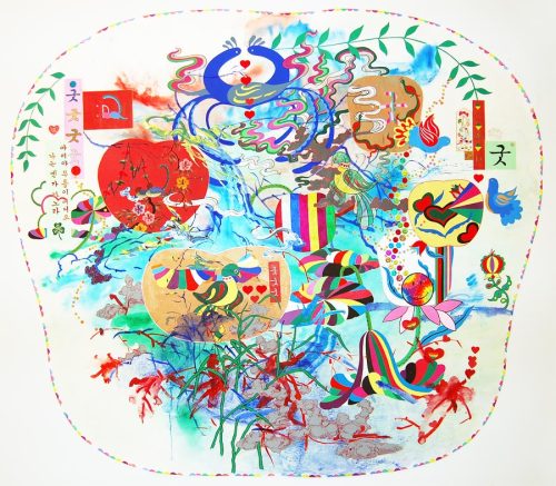 mehwa: Jiha Moon, Big Pennsylvania Dutch Korean Painting, 2011, ink and acrylic with mixed media on 