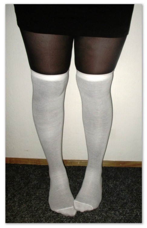 Black pantyhose and white over knee socks - lovely combo