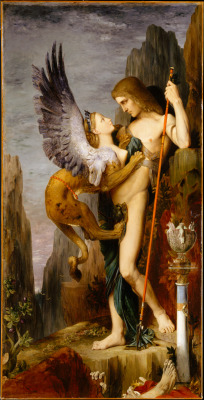 Gustave Moreau. &hellip;sphinxes!!!  In the order i placed them in (which is arbitrary):  Oedipus and the Sphinx, Oedipus the Wayfarer, The Sphinx, and The Sphinx Defeated.