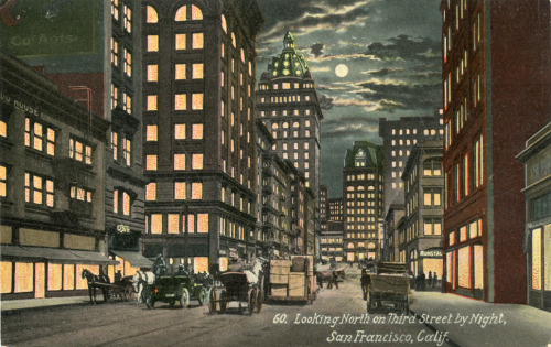 postcardtimemachine:Looking North on Third Street by Night, San Francisco, Calif.This is the corner 