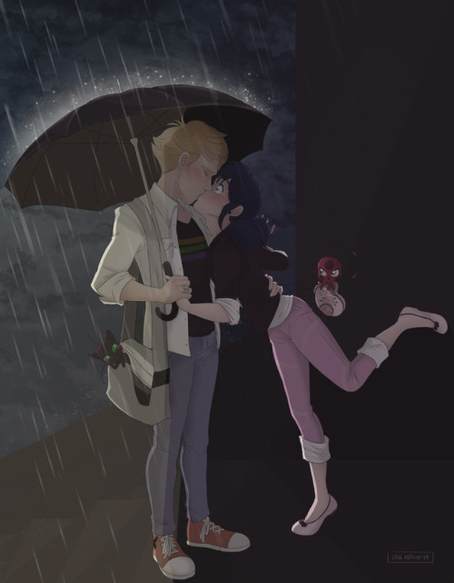 heartpoisedfanarts: Adrien &amp; Marinette: the umbrella scene reimagined This is for a con