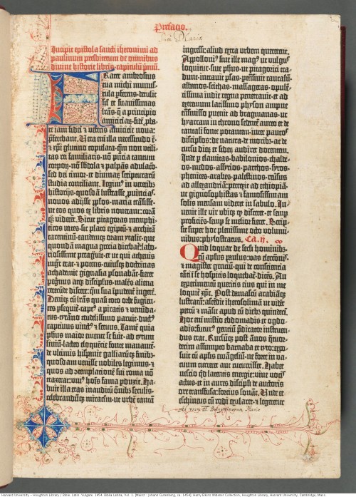 Biblia Latina. Mainz: Johann Gutenberg, ca. 1454.Harry Elkins Widener Collection Houghton Library, H