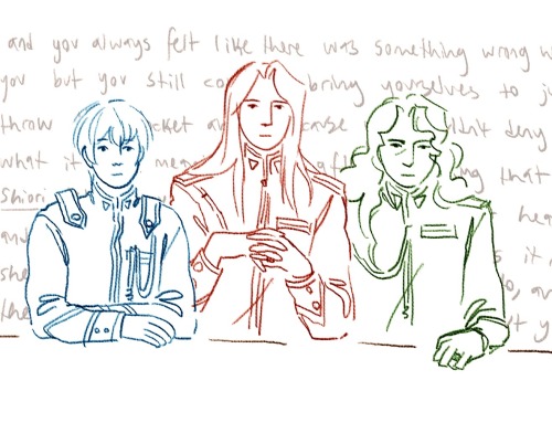 Panel 2. Miki Kaoru, Touga Kiryuu, and Kyouichi Saionji sit silently at the opposite end of the table, expressions blank, as Juri continues to rant in the background, most of it unintelligible but all of it definitely about her relationship with Shiori.